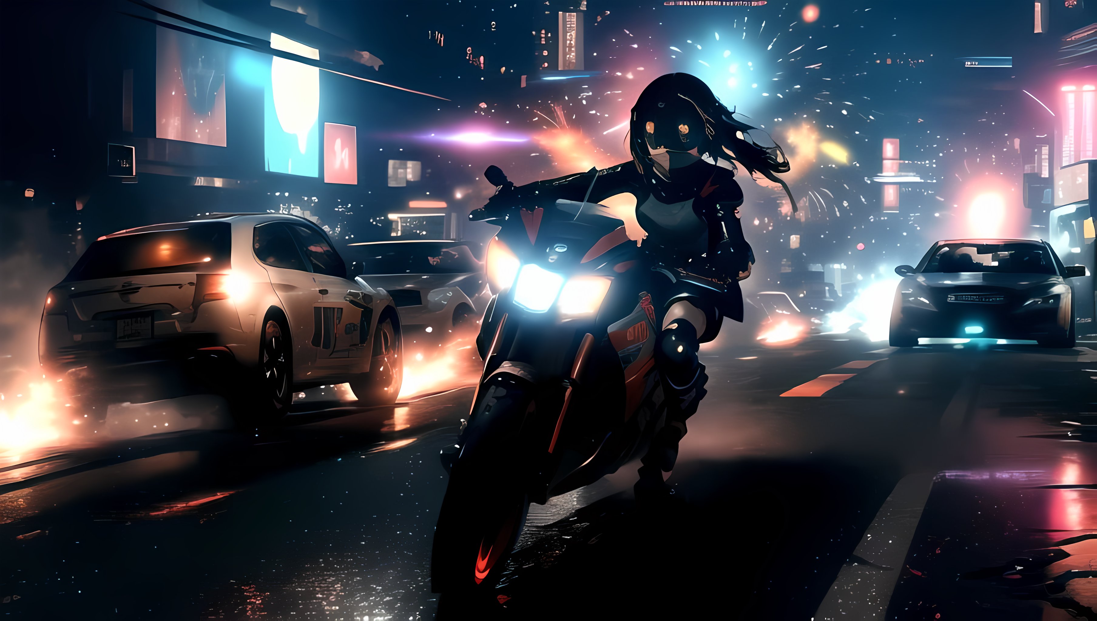 masterpiece, hi-res, ultra detailed, 8k, hdr, detailed face, cyberpunk, car, chase, motorcycles, girl on motorcycle, shots...